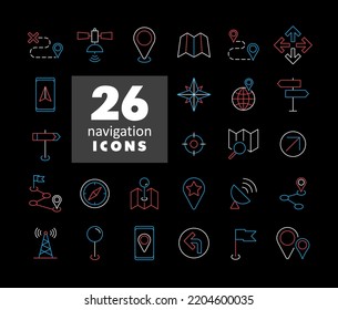 Maps, location, navigation vector isolated on black background icons set. Graph symbol for travel and tourism web site and apps design, logo, app, UI
