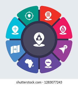 Maps And Locations Vector Template For Infographics. Business Concept With 9 Options, Steps, Parts, Segments. Banner Infographic Cycling Diagram, Round Chart, Church, Center, Building Pin Icons