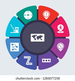 maps and locations vector template for infographics. Business concept with 9 options, steps, parts, segments. Banner infographic cycling diagram, round chart, World Map Folded, West, Warning icons