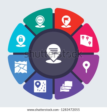 maps and locations vector template for infographics. Business concept with 9 options, steps, parts, segments. Banner infographic cycling diagram, round chart, Motion, Minus Location icons