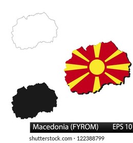 Maps of Macedonia, 3 dimensional with flag clipped inside borders,and shadow, and black and white contours of country shape, vector