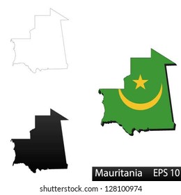 Maps of Mauritania, 3 dimensional with flag clipped inside borders,and shadow, and black and white contours of country shape, vector
