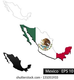 Maps of Mexico, 3 dimensional with flag clipped inside borders,and shadow, and black and white contours of country shape, vector