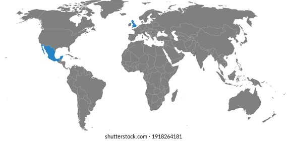 Maps of Mexico, United kingdom countries isolated on world map. Gray background. Travel backgrounds and Business concepts.