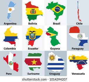 Maps mixed with flags of the independent countries of South America
