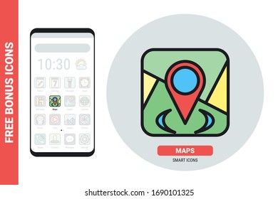 Maps and navigation application icon for smartphone, tablet, laptop or other smart device with mobile interface. Simple color version. Contains bonus icons