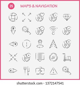 Maps And Navigation Hand Drawn Icon Pack For Designers And Developers. Icons Of Food, Fork, Kitchen, Knife, Tools, Arrow, Bearing, Direction, Vector