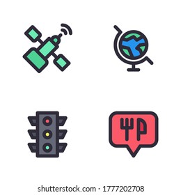 Maps & navigation icon set (Filled Line) = satellite, globe, traffic light, symbol cutlery.
Perfect for website mobile app, presentation, illustration and any other projects.