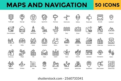 Maps and Navigation icon set with traffic light, stop sign, yield sign, speed limit, road sign, street name, address, postal code, zip code, landmark icon. Simple line vector 
