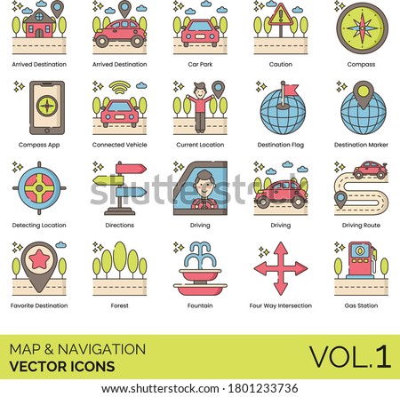 Maps and navigation icons including arrived destination, car park, compass app, connected vehicle, current location, flag, marker, direction, driving route, forest, fountain, four way intersection.