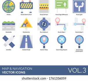 Maps and navigation icons including radar, obstruction, ramps, sign billboard, split, roadside, roadworks, roundabout, route, satellite, sealed road, searching airport, destination.