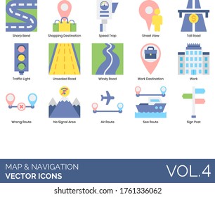 Maps and navigation icons including sharp bend, shopping destination, speed trap, street view, toll road, traffic light, unsealed, windy, work, wrong route, no signal area, air, sea, signpost.