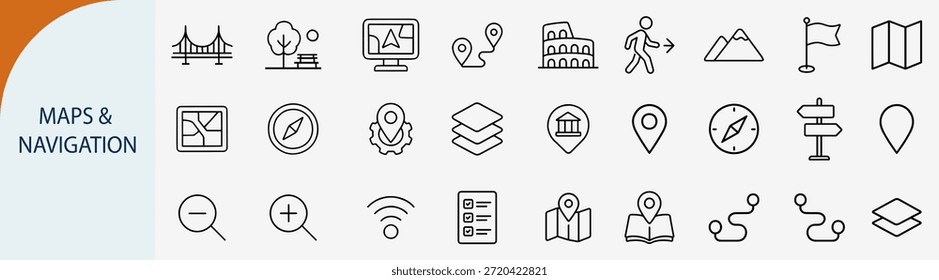 Mapas y navegación Localización Pin e iconos de tecnología GPS, Vector de línea delgada