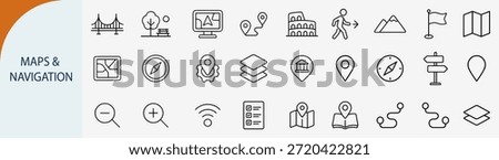 maps and navigation location pin and gps technology icons set, thin line vector