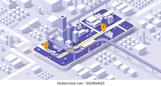 Maps And Navigation Online On Mobile Application, City Isometric Plan With Road And Buildings, GPS, World Map. Isometric Smart City Concept. 3d Vector Illustration.