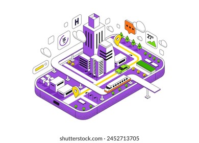 Mapas y navegación en línea en aplicación móvil, Plan isométrico de la ciudad con carretera y edificios, GPS, mapa del mundo. Concepto de ciudad inteligente isométrica. Ilustración vectorial 3d.