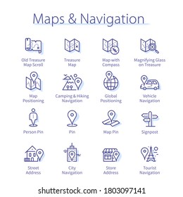 Maps & navigation pack. Travel maps, location pins, route directions, global positioning, vehicle navigation, signpost thin line icons set. Cartography isolated linear vector illustrations