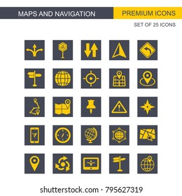 Maps and navigaton set of yellow and grey icons