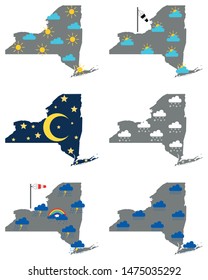 Maps of New York with various weather symbols