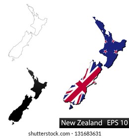 Maps of New Zealand, 3 dimensional with flag clipped inside borders,and shadow, and black and white contours of country shape, vector