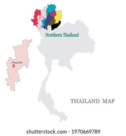 Maps of Northern Thailand with 9 Province in different colors, Chiang mai, Chiang rai, Phrae, Phayao, Lampang, Lamphun, Maehhongson, Uttaradit, Nan and have Map pin on Chiang Mai Province