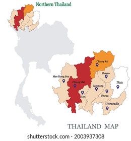 Maps of Northern Thailand with 9 Province, Chiang mai, Chiang rai, Phrae, Phayao, Lampang, Maehhongson, Uttaradit, Lamphun, Nan and focus on Chiang Mai with red colour and blue pin map svg