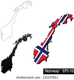 Maps of Norway, 3 dimensional with flag clipped inside borders,and shadow, and black and white contours of country shape, vector