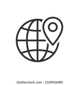 Maps pin with globe. Location pointer icon line style isolated on white background. Vector illustration
