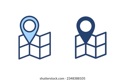 Karten und Pin-Symbol-Vektorgrafik. Ortszeichen und Symbol. Geo suchen, Zeiger-Symbol.