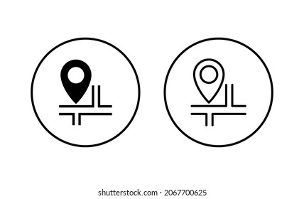 Los mapas y los iconos del pin están configurados. símbolo y signo de ubicación. geo location, icono de puntero.