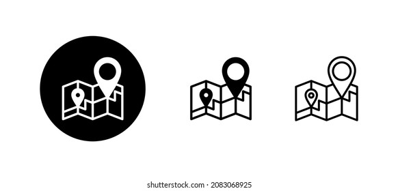 Los mapas y los iconos del pin están configurados. símbolo y signo de ubicación. geo location, icono de puntero.