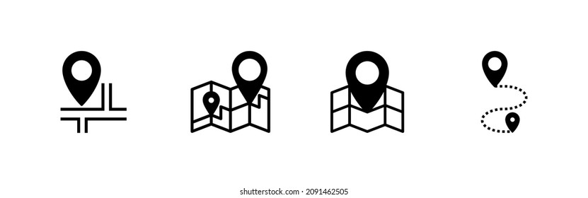 Karten und Pin-Symbole gesetzt. Ortszeichen und Symbol. Geo suchen, Zeiger-Symbol.