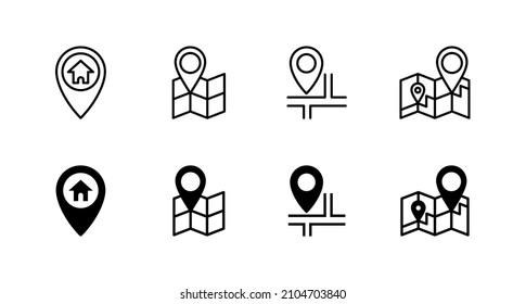 Los mapas y los iconos del pin están configurados. símbolo y signo de ubicación. geo location, icono de puntero.