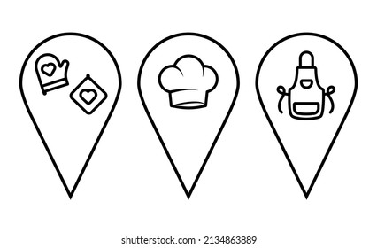 Maps and pin icons set. Location sign and symbol. Geo locate, pointer icon. Location pin indicating cafe, canteen, kitchen, menu, chef. Chef's hat, apron and potholders icon. Thin vector