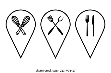 Maps and pin icons set. Location sign and symbol. Geo locate, pointer icon. Knife, fork, whisk, spatula, pitchfork concept vector icon set. Pointers of dining room, cafe, catering, kitchen utensils