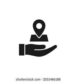 Maps pin location on hand icon flat style isolated on white background. Vector illustration