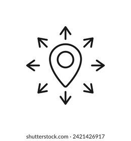 Maps pin with multi-directional arrow icon line style isolated on white background. Vector illustration