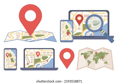 Maps with pin pointer icon set. GPS navigation online, location symbol. Vector flat illustration 