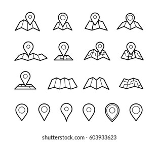 Maps and pins vector icons. Make your own custom location pin icon. Map with pin symbol. Navigation and route concept illustration. Vector icon for contact web page, vector de stoc