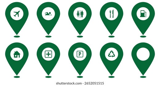 Maps and pins vector icons. Navigation and route concept illustration. Vector icon for contact web page.  location. GPS elements pack symbol template for graphic and web design collection logo. EPS 10