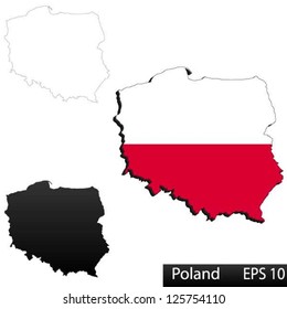 Maps of Poland, 3 dimensional with flag clipped inside borders,and shadow, and black and white contours of country shape, vector