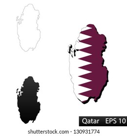 Maps of Qatar, 3 dimensional with flag clipped inside borders,and shadow, and black and white contours of country shape, vector