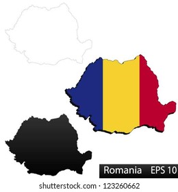Mapas de Rumania, tridimensionales con bandera recortada dentro de las fronteras, y sombra, y contornos en blanco y negro de la forma del país, vector