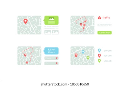 Maps with routes UI elements kit. Traffic information. GPS isolated vector icon, bar and dashboard template. Web design widget collection for mobile application with light theme interface