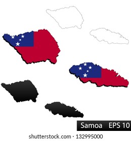 Maps of Samoa, 3 dimensional with flag clipped inside borders,and shadow, and black and white contours of country shape, vector