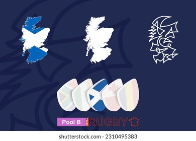 Maps of  Scotland in three versions for rugby international championship. Abstract background.