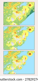 Maps show long-term effects of global warming such as rising sea levels due to thermal expansion and melting of glaciers and ice sheets.