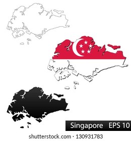Maps of Singapore, 3 dimensional with flag clipped inside borders,and shadow, and black and white contours of country shape, vector