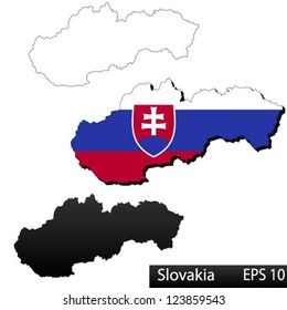 Maps of Slovakia, 3 dimensional with flag clipped inside borders,and shadow, and black and white contours of country shape, vector