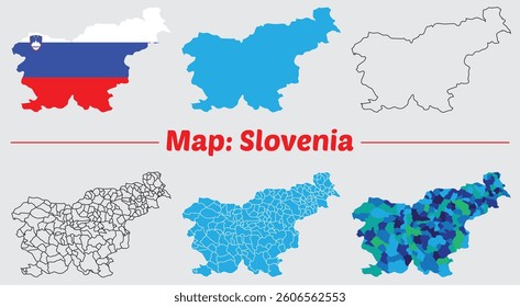 Maps of Slovenia Flag, Outline, and Regional Divisions, Slovenia  country map set. internal provinces borders marked, Simple map of Slovenia vector drawing.